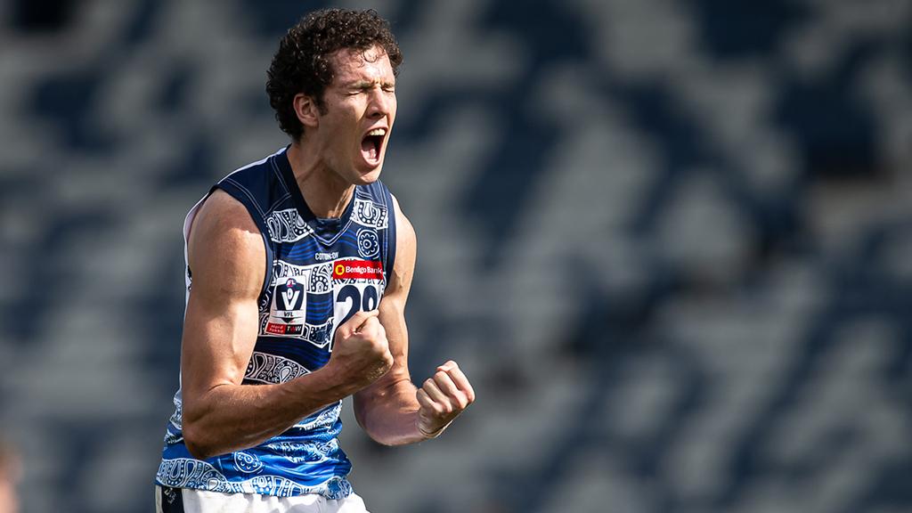 2019_08_26_VFL_HERO.jpg Darcy Fort celebrates one of his two goals. - Geelong Cats